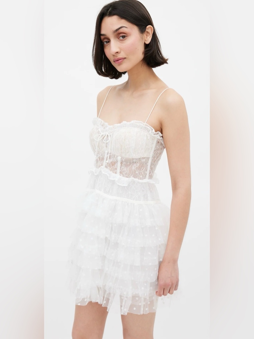 For Love and Lemons Ivory Lace Corset Ruffle Mini Dress - Picture 2 of 10